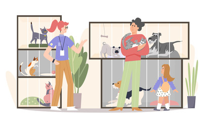 Family adopting cat flat vector illustration. Father, happy girl kid and pet shop worker volunteer cartoon characters. People in animal shelter, parents buying pet for kids vector illustration.