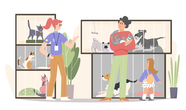 Family Adopting Cat Flat Vector Illustration. Father, Happy Girl Kid And Pet Shop Worker Volunteer Cartoon Characters. People In Animal Shelter, Parents Buying Pet For Kids Vector Illustration.