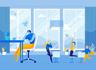 Tiered Father or Teacher Sitting at Table while Children Spending Time Actively Flat Cartoon Vector Illustration. Kids Sitting at Desk in Classroom. Girl Closing Face with Hands. Boy Standing on Knee.