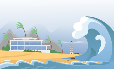 Natural strong disaster with fog and tsunami waves from ocean with house, mountains, palms and lighthouse. Earthquake tsunami wave hits the sand beach vector illustration - obrazy, fototapety, plakaty