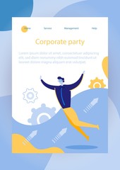 Corporate Party for Company Employees Landing Page. Person Celebrate Important Event, Business Contract Flat Cartoon Vector Illustration. Manager Celebrating in Office. Man Jumping Happily.
