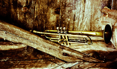 an old jazz trumpet in an old house - obrazy, fototapety, plakaty