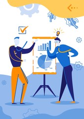 Two Men Discussing Presentation Flat Cartoon Vector Illustration. Successful Male Character Presenting Report with Diagrams. Office Workers Standing near Board and Communicating. Generating Ideas.