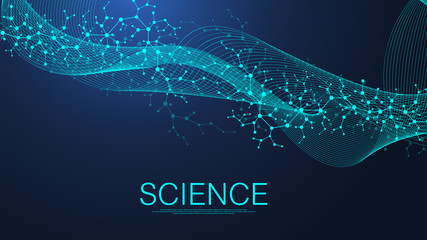 Abstract medical background DNA research coronavirus, molecule, genetics, genome, DNA chain. Genetic analysis art concept with hexagons, waves, lines, dots. Biotechnology network concept, vector