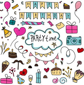 vector set of elements for birthday and party colored doodles