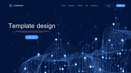 Landing page tech background with abstract circuit board textures. Geometric abstract background with lines circuit board. Website template design industry. Vector illustration. - obrazy, fototapety, plakaty