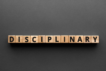 Disciplinary - words from wooden blocks with letters, enforcing discipline, disciplinary concept, top view gray background