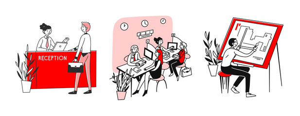 Consulting and expertise set. Customers talking to receptionist, bank consultants. Flat vector illustrations. Business, service concept for banner, website design or landing web page