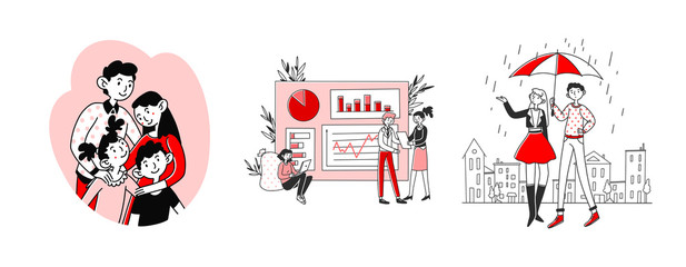 Family and leisure set. People walking in rain outside, analyzing graphs. Flat vector illustrations. Lifestyle, togetherness, analysis concept for banner, website design or landing web page