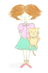 Hand drawn vector illustration of a girl holding her cat for use in print for child’s note card, notepad, label, sticker
