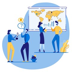 Advertising Flyer Promotion and Growth Cartoon. Poster Lower Prices and more Active Sales Promotion. Men and Women Discuss Office Work During Coffee Break Flat. Vector Illustration.