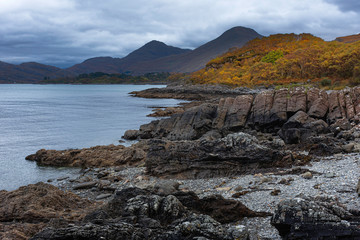 Fototapeta na wymiar Shore of Loch Shiel in autumn.