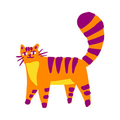 Cute striped orange cat walking, in a flat cartoon style. Vector