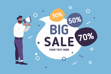 Big sale discounts. Man with megaphone announces big sale with discounts