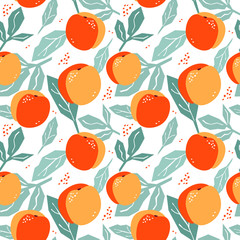 Seamless pattern with apricots and leaves. Bright art with tasty fruit.
