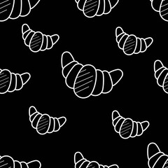 Seamless background with french croissant. Hand drawn sketch of croissant on black background. Bakery product. Seamless pattern.