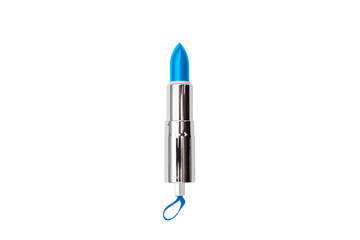 Blue lipstick on a white background. Cosmetic makeup tools. Women's fashion.