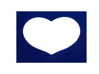 Blue photo frame on a white background. In the center of the frame is a heart-shaped cutout for photography.