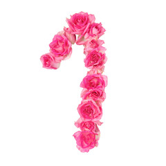 Numeral 1 made of pink roses on a white isolated background. Element for decoration.