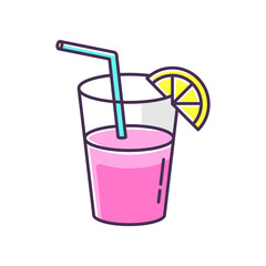 Long drink, cocktail RGB color icon. Night club, bar, drinking establishment. Delicious refreshment, cold lemonade. Alcohol beverage with straw and lemon slice isolated vector illustration