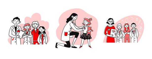 Hospital staff set. Team of doctors, medical professionals, pediatrician. Flat vector illustrations. Medicine, healthcare, examination concept for banner, website design or landing web page