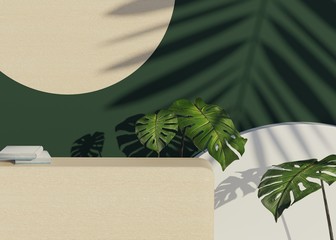 Fashion show stage podium with tropical palm leaves shadows and Monstera plant. Empty scene for product show and mock up. Summer time background