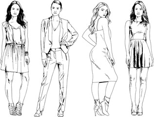 vector drawings on the theme of beautiful slim sporty girl in casual clothes in various poses painted ink hand sketch with no background