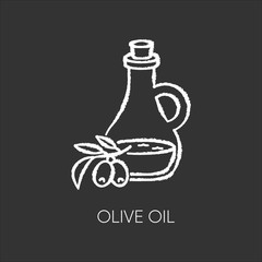 Olive oil chalk white icon on black background. Vegan component. Exfoliating and moisturizing effect for skincare. Traditional food seasoning. Extra virgin oil. Isolated vector chalkboard illustration