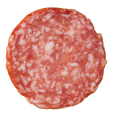 Close up of pink appetizing sausage with white circles of fat isolated on white background.