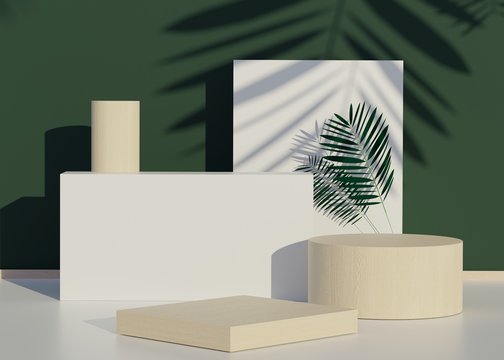 Fashion Show Stage Podium With Tropical Palm Leaves Shadows And Monstera Plant. Empty Scene For Product Show And Mock Up. Summer Time Background