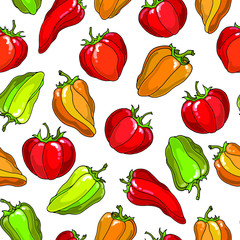 Vector seamless pattern with fresh , ripe, raw colorful red, green, yellow vegetables. Tomatos and peppers. Hand drawn food design for textile, fabric, wallpaper, wrapping paper.