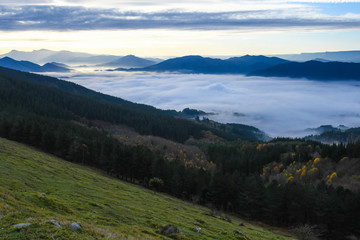 Fototapeta na wymiar Zalla Valley covered with fog with Mount Gorbea at sunrise