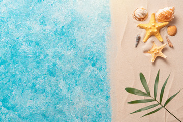 Fototapeta na wymiar Minimal exotic concept. Creative layout of sand waves and sea, summer beach background with shell, sea star, and blurred Palm vacation and travel concept, Flat lay top view copy space