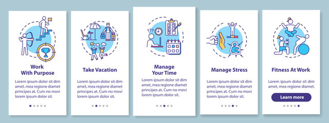 Avoid burnout onboarding mobile app page screen with concepts. Take vacation. Work satisfaction walkthrough 5 steps graphic instructions. UI vector template with RGB color illustrations