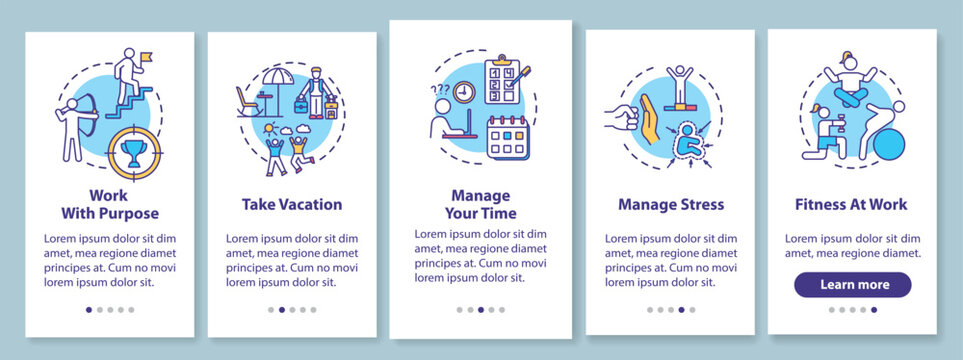 Avoid burnout onboarding mobile app page screen with concepts. Take vacation. Work satisfaction walkthrough 5 steps graphic instructions. UI vector template with RGB color illustrations