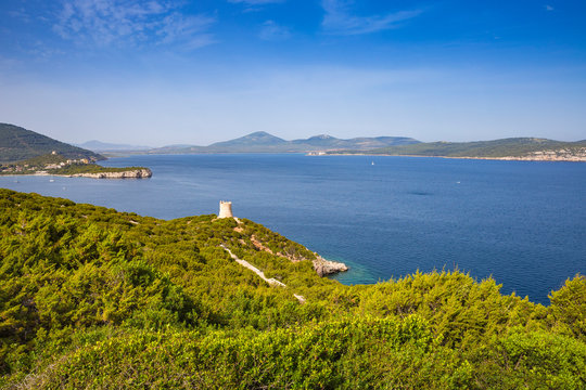 Italy, Sardinia, Alghero, Porto Conte National Park, Capo Caccia, View towards Bollo Tower