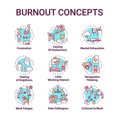 Burnout concept icons set. Work fatigue. Mental exhaustion. Little working interest. Frustration idea thin line RGB color illustrations. Vector isolated outline drawings. Editable stroke