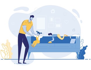 Young Father Staying with Little Children at Home. Dad Spend Time with Daughter and Son Playing with Kids. Parenting, Childhood and Human Loving Relation Sweet Moments Cartoon Flat Vector Illustration