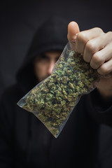 Hooded man holding a big bag of weed front his head on black background. Drug trafficking concept,...
