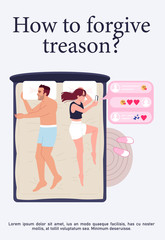Treason forgiving poster template. Problems in family. Commercial flyer design with semi flat illustration. Vector cartoon promo card. Wife infidelity and cheating on. Advertising invitation