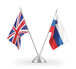 Slovenia and United Kingdom table flags isolated on white 3D rendering