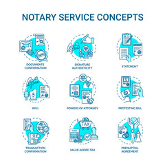 Notary services turquoise concept icons set. Legislation and public regulation. Warrant. Common law idea thin line RGB color illustrations. Vector isolated outline drawings. Editable stroke
