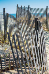 Obraz premium A snow fence curves to line a sandy pathway to the ocean