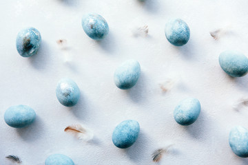 Group ombre blue Easter eggs isolated on white background. Dyed Easter eggs.Compositions in pastel colors. Easter consept. Flat lay, top view. Copy space.