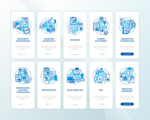 Legal advice onboarding mobile app page screen with concepts set. Law agency services walkthrough 5 steps graphic instructions. UI vector template with RGB color illustrations