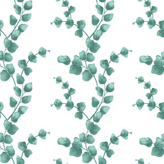 Digital art cute textural seamless pattern of eucalyptus leaves and branches on a white background. Print for invitations, cards, banners, posters, fabrics, wrapping paper, beauty business, web.