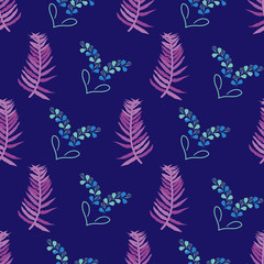 Lavender Dreams-Flowers in Bloom seamless repeat pattern. Fresh abstract lavender leaves and hearts shapes pattern background in blue and purple. Perfect for fabric, scrapbook,wallpaper