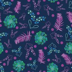 Lavender Nights-Flowers in Bloom seamless repeat pattern. Festive lavender,heart shapes,,lantana flowers and leaves pattern background in blue,green and and purple . Surface pattern design. Perfect