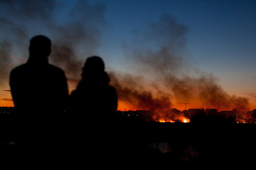 Obraz na płótnie Canvas Fire in Delta Vacaresti, Bucharest, Romania, 2020-02-24