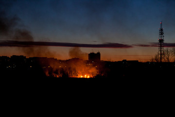 Fototapeta na wymiar Fire in Delta Vacaresti, Bucharest, Romania, 2020-02-24